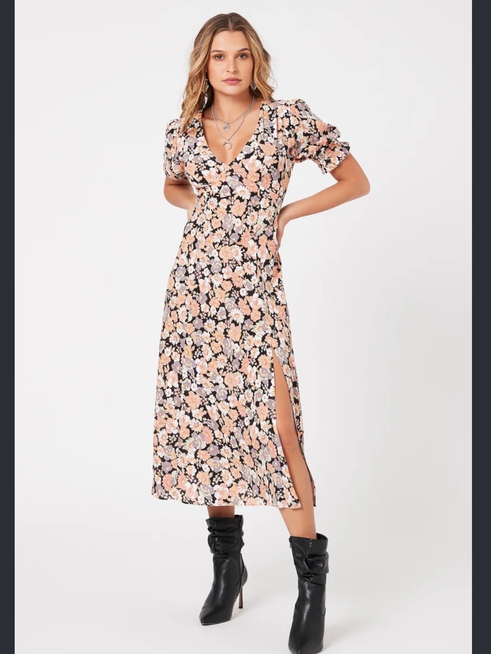 Black Midi Dress with Rust and Cream Floral Print
